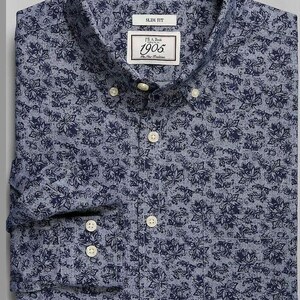 May include: A blue and white patterned dress shirt with a button-down collar. The shirt has a slim fit and features a label that reads "J.S.A. Bush 1905 The New Tradition".