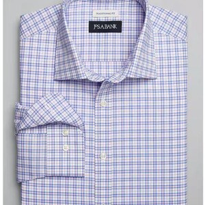 May include: A white dress shirt with a blue and pink plaid pattern. The shirt has a traditional fit and a J.S.A. Bank label.