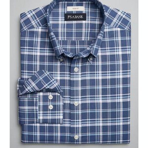 May include: A blue and white plaid button-down shirt with a button-down collar. The shirt has a label that says "J.S.A. Bank" and "Slim Fit".