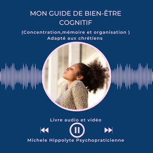 Peut inclure: Un graphique bleu et rose avec le texte "MON GUIDE DE BIEN-ÊTRE COGNITIF (Concentration, mémoire et organisation) Adapté aux chrétiens" et "Livre audio et vidéo" avec une femme en pull beige regardant vers le haut et un graphique d'ondes sonores rose et blanc.