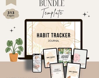 May include: A digital productivity bundle template with 313 pages. The template includes a habit tracker journal, a yearly calendar, and a business owner planner. The template is designed with a floral theme and features a gold and beige colour scheme.