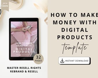 May include: A digital product template with a pink background and the text "How to Make Money with Digital Products Template" in black. The template is 32 pages long and includes master resell rights. The image also includes a download button.