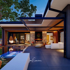 3 Bedrooms, Modern, Modular Prefab. House with exterior seating area and swimming pool.