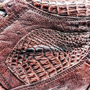 May include: Close-up of a brown leather shoe with a textured, crocodile-like pattern. The shoe features intricate stitching and a lace-up design. The leather has a rich, reddish-brown hue, with darker accents.