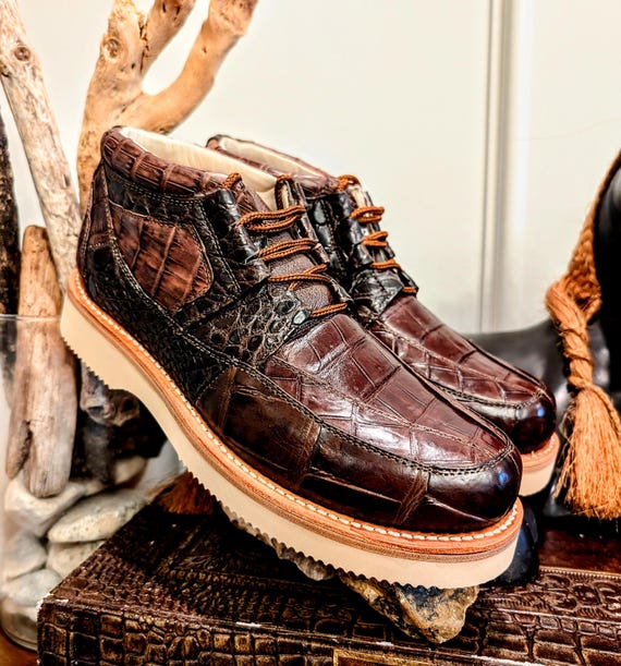 Alligator Leather Ankle Boots, Handmade Goodyear Welt Sneaker Boots