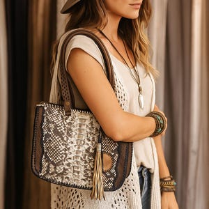Snakeskin Braided Leather Whipstitched Shoulder Bags, Bohemian Style Tote