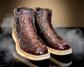Alligator Hornback & Ostrich Leather Chelsea Boots, Handmade Goodyear Welt Boots