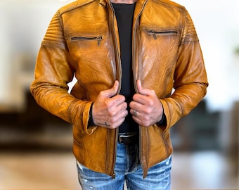 Men's Lambskin Leather Bomber Jacket, Handmade Tan Brown Vintage Style