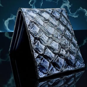 Handmade Pirarucu Leather Wallet: Blue Exotic Billfold with ID Window