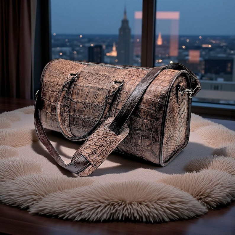 May include: A brown leather duffel bag with a crocodile skin texture. The bag has a shoulder strap and two handles. The bag is sitting on a fluffy, cream-colored surface. The background shows a city skyline at dusk.