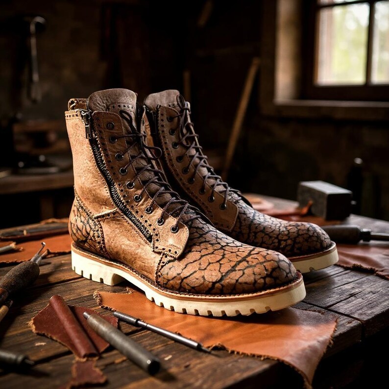 May include: A pair of brown leather boots with a textured pattern and white soles. The boots have laces and zippers, and are displayed on a wooden surface with leather crafting tools.