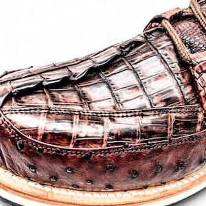 May include: Close-up of a brown leather shoe with a crocodile skin texture. The shoe features a textured vamp, decorative stitching, and a light-coloured sole. The laces are a light brown colour.
