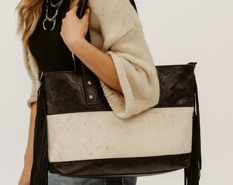 Hair on Hide Western Fringe Bag, Tooled Leather & Western Boho Style