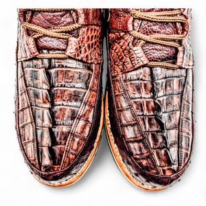 May include: Close-up of two brown leather shoes with a crocodile skin texture. The shoes have tan laces and a light-coloured sole. The leather has a glossy finish and a detailed pattern.
