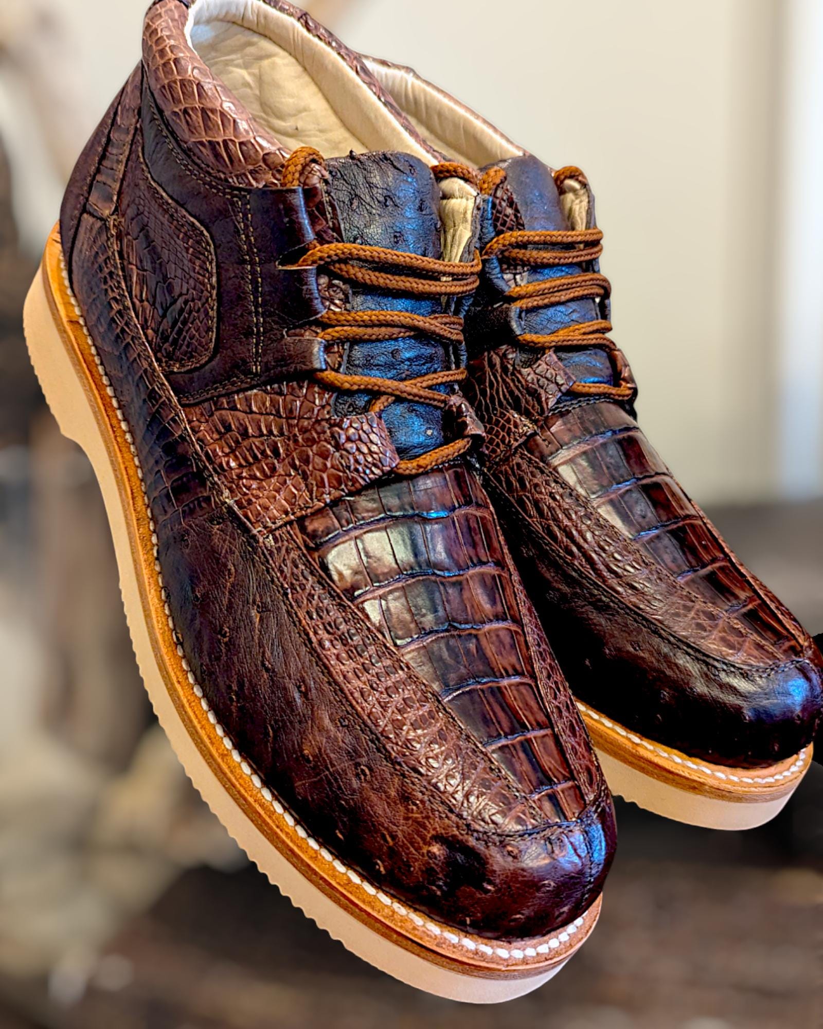 Sobek Mens Coffee Alligator and Ostrich Leather Goodyear Welt Sneaker Boots Etsy