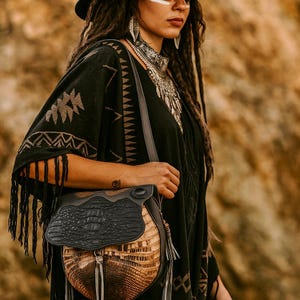 Armadillo Shell Crossbody Bag, Braided Leather, Alligator Leather, Obsidian, Antler Bone