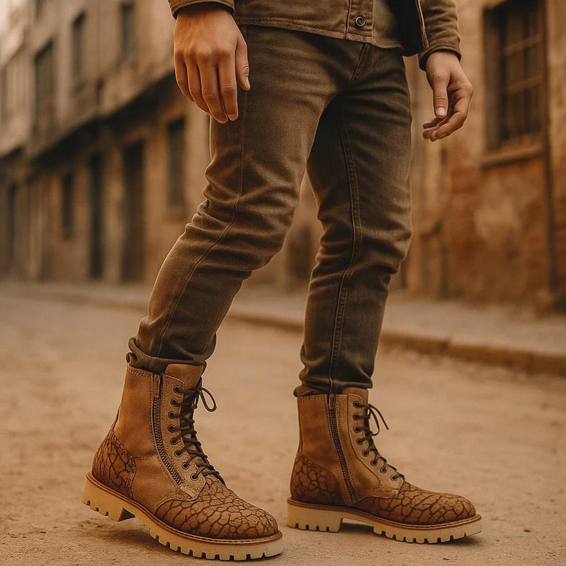 May include: Tan leather boots with a textured pattern on the toe and heel. The boots have a side zipper and lace-up closure. The soles are a light beige color.