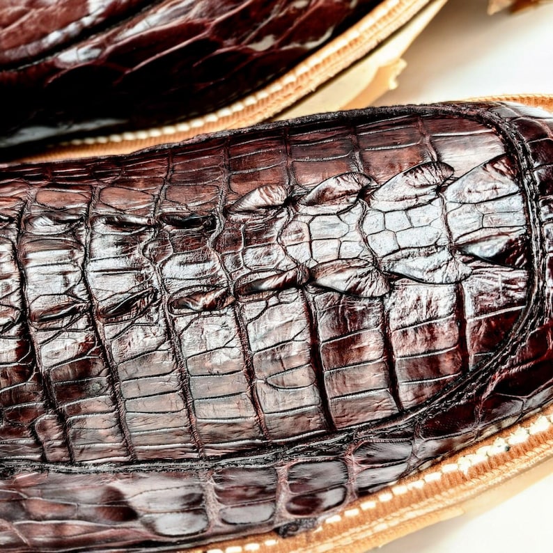 May include: Close-up of a brown alligator skin boot with a stitched seam around the edge.