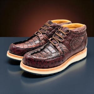 May include: A pair of brown leather boots with a crocodile skin texture. The boots have a lace-up design with brown laces, a white sole, and a tan-colored interior. The boots are approximately 15 cm tall.