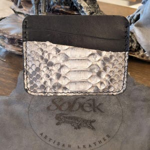 Tarjetero de piel de serpiente natural, fino, con 4 ranuras para tarjetas y monedero