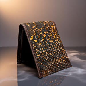 May include: A bi-fold wallet with a textured, reptile-like pattern in shades of brown and gold. The wallet is open, revealing a dark interior and brown trim. The design resembles snake or crocodile skin.