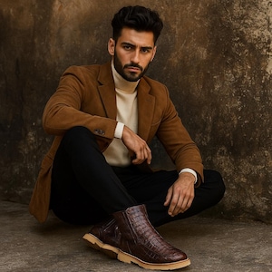 Alligator Tail & Ostrich Leather Chelsea Handmade Goodyear Welt Boots - Men's 11/13 US image 2