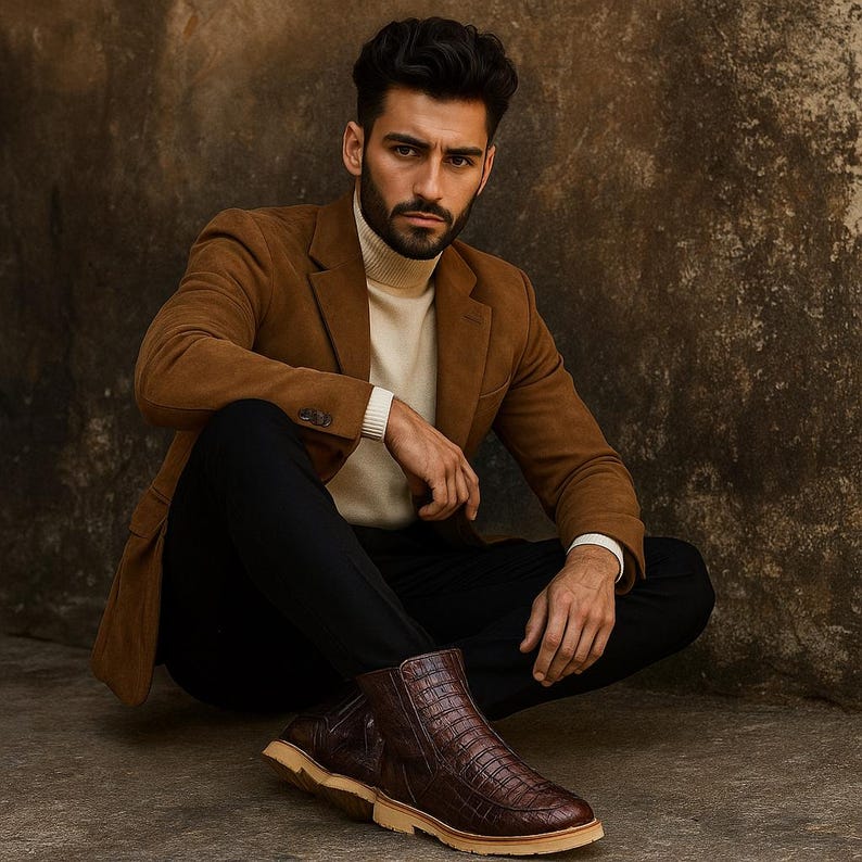 Alligator Tail & Ostrich Leather Chelsea Handmade Goodyear Welt Boots - Men's 11/13 US image 2