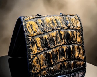 Handmade Alligator Leather Wallet: Black & Gold with Red Paisley Lining