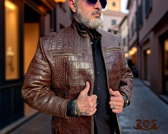 Men's Alligator Leather Bomber Jacket XL: Handmade Exotic Skin Outerwear