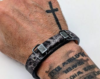 Shrunken Buffalo Bison Leather Bracelet • Rustic Charcoal Cuff, Stainless Steel
