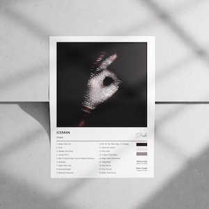 Op de afbeelding: Een albumcoverprint van Drake's "Iceman". De afbeelding toont een close-up van een hand die het "oké" gebaar maakt, versierd met sprankelende details. De tracklist van het album en de releasedetails staan hieronder.