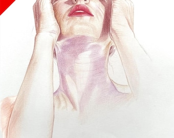 May include: A colored pencil drawing of a person with closed eyes, hands on the head, and red lips. A red banner in the upper left corner reads "50% OFF". The bottom of the image has text that reads "50% Off Your First Order".