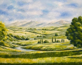May include: Oil painting of a serene landscape featuring rolling green hills, a winding stream, and distant mountains under a cloudy blue sky. The artwork showcases lush trees and a sense of tranquility.