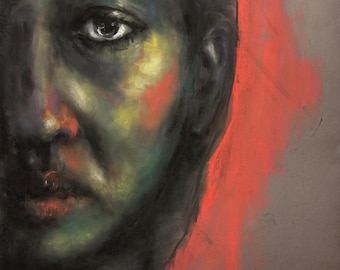 May include: A pastel portrait of a person's face, rendered in dark greens, blacks, and reds. The artwork features a striking contrast between light and shadow, with the eye as a focal point. The background is a muted gray, with a splash of red.