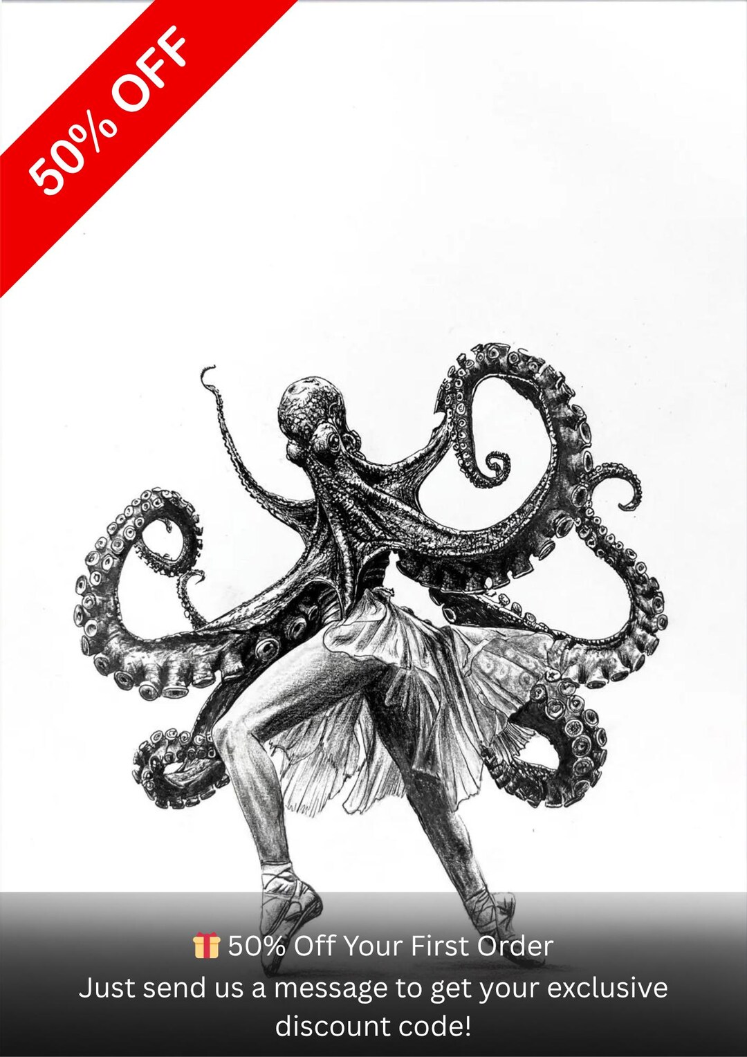 Octopus Ballerina — Original Surrealist Graphite Drawing, Whimsical ...
