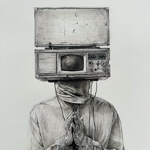 May include: A detailed pencil drawing depicts a person with a vintage television set in place of a head. The person is wearing a button-down shirt and has their hands clasped in front of them. The drawing is signed and dated 2024.