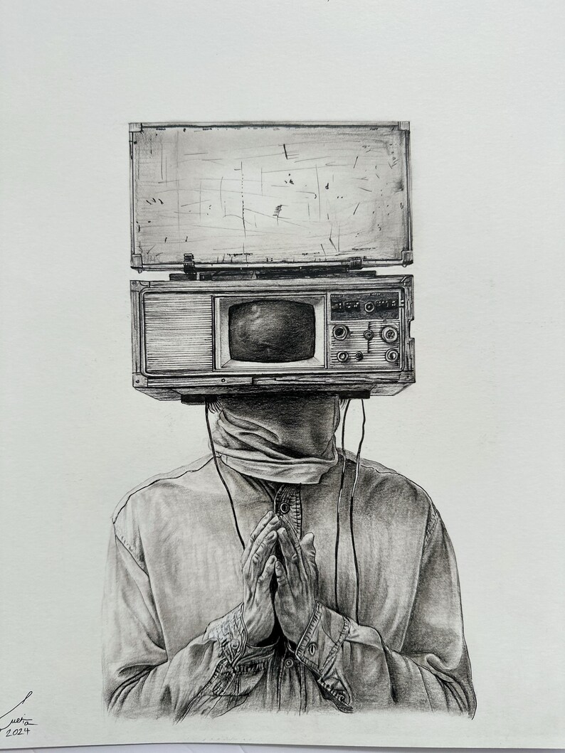 May include: A detailed pencil drawing depicts a person with a vintage television set in place of a head. The person is wearing a button-down shirt and has their hands clasped in front of them. The drawing is signed and dated 2024.