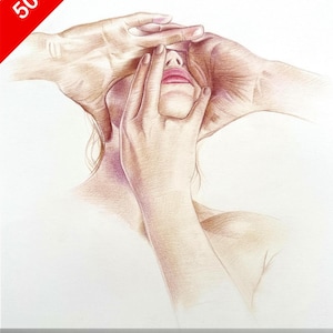 Minimalist Woman Figure Drawing: Original Color Pencil Art, 30x40 cm