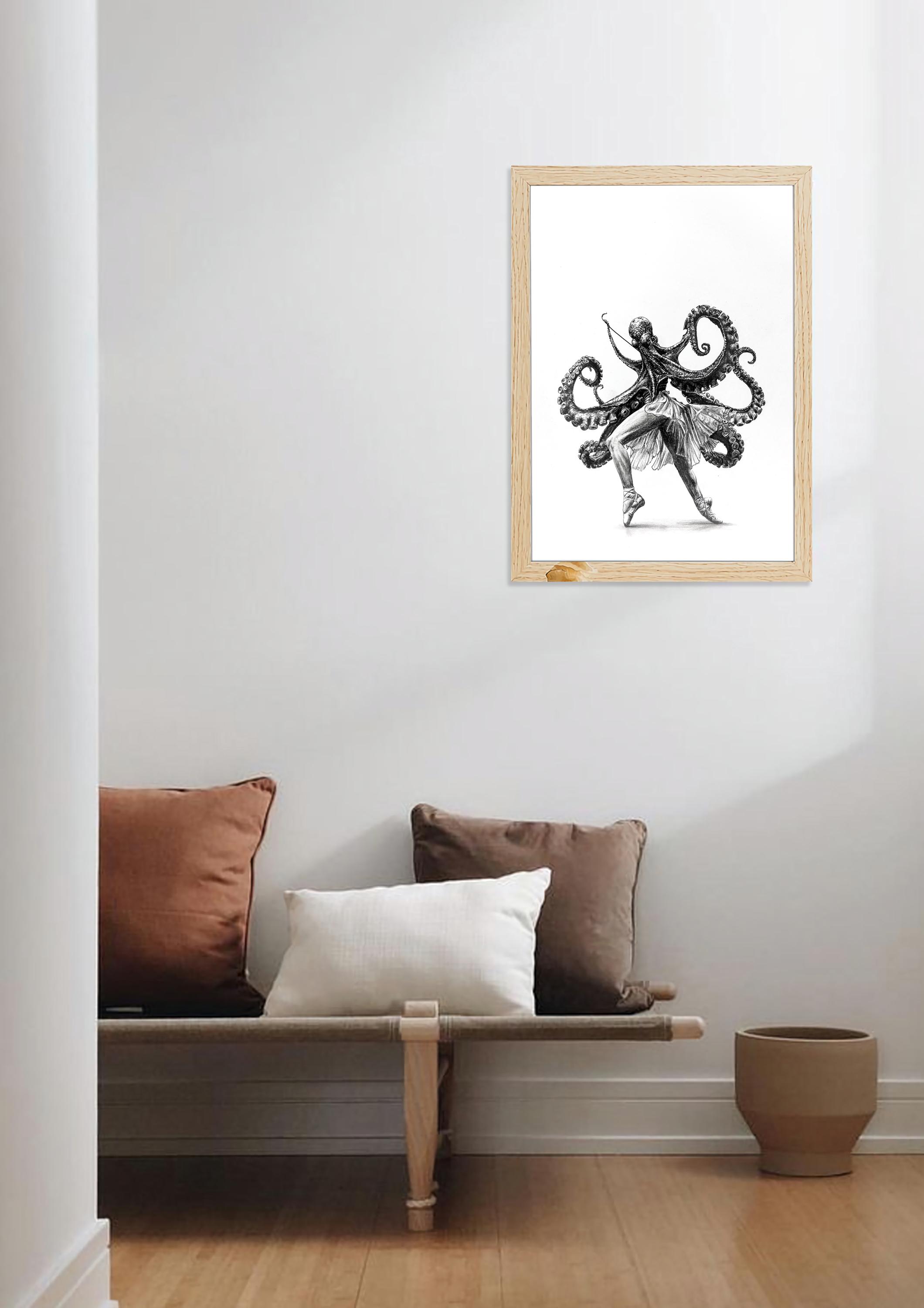 Octopus Ballerina — Original Surrealist Graphite Drawing, Whimsical ...