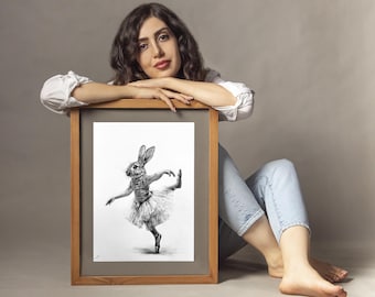Original Charcoal Hand-Drawn rabbit Ballerina with intricate detail and rich textures in Surrealism