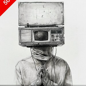 May include: A detailed pencil drawing of a person with a vintage television and radio in place of a head. The person is wearing a button-down shirt and has their hands clasped in front of them. A red banner in the top left corner reads "50% OFF".