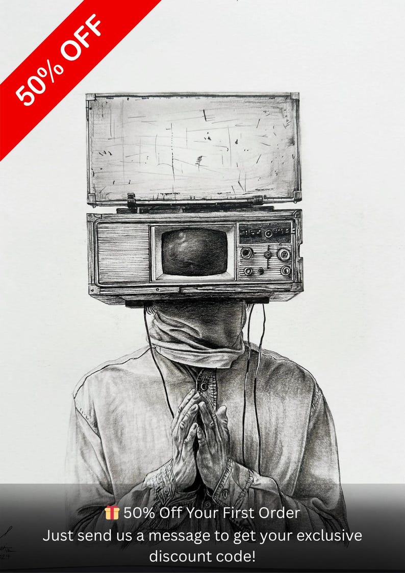 May include: A detailed pencil drawing of a person with a vintage television and radio in place of a head. The person is wearing a button-down shirt and has their hands clasped in front of them. A red banner in the top left corner reads "50% OFF".