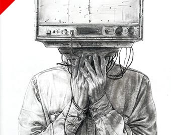 Surrealism Drawing: Man with TV Head - Original Colored Pencil Art