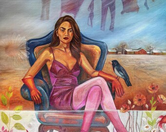 Surreal Woman Portrait with Bird — Original Oil on Canvas, Figurative Art, 50 × 70 cm