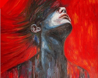 Puede incluir: Pintura al óleo de una persona mirando hacia arriba, con un fondo rojo y una pancarta roja que dice "50% OFF". La cara está pintada con tonos azules y blancos, y el cabello fluye hacia arriba. La pintura tiene un sentimiento dramático y emocional.