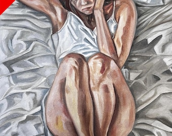 May include: An oil painting of a person in a white tank top, sitting on a bed with white sheets. The person is holding their head, with a distressed expression. A red banner with "50% OFF" is in the upper left corner.