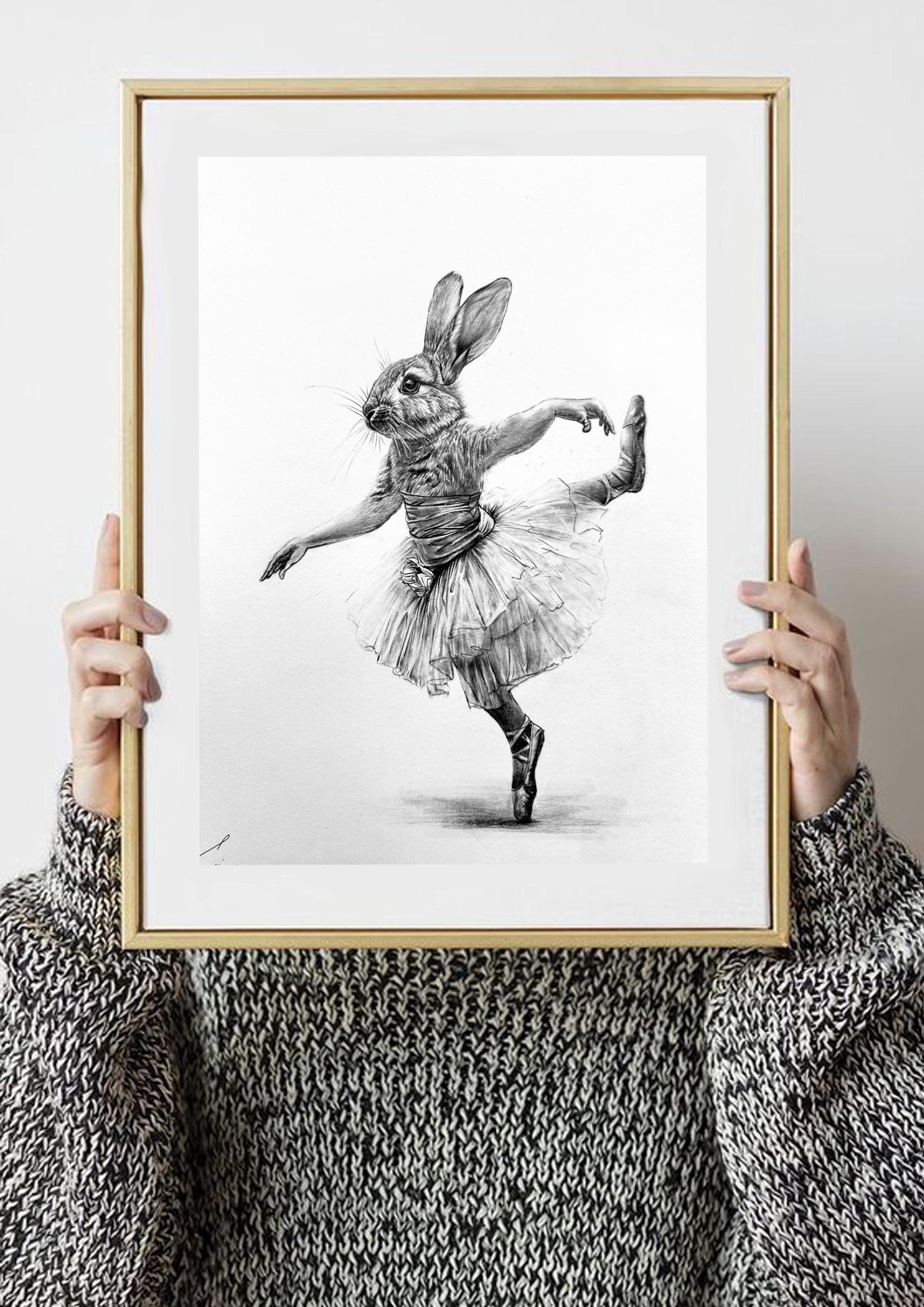 Ballerina — Original Charcoal Rabbit Drawing, Surrealist Animal Ballet ...
