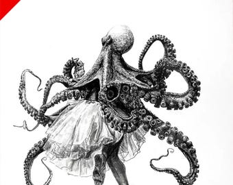 Original Surreal Octopus Ballerina Drawing: Graphite Art, Signed
