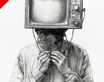 Surrealist TV Head Pencil Drawing: Original Handmade Art