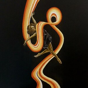May include: An artistic rendering of a dancer in mid-air, gracefully interacting with a flowing, ribbon-like form. The ribbon features warm hues of orange, yellow, and white against a dark background. The dancer is wearing a dark dress.